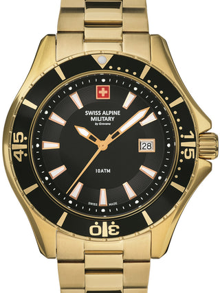 Front view of Swiss Alpine Military 7040.1117 Black Dial Gold Stainless Steel Unisex Watch on white background