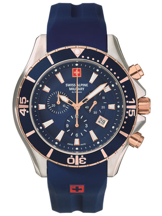 Angle shot of Swiss Alpine Military Chronograph 7040.9855 Blue Silicone Unisex Watch on white background