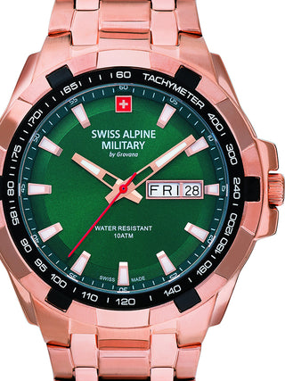 Front view of Swiss Alpine Military 7043.1164 Green Dial Rose Gold Stainless Steel Unisex Watch on white background