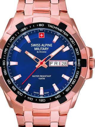 Front view of Swiss Alpine Military 7043.1165 Blue Dial Rose Gold Stainless Steel Unisex Watch on white background