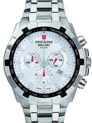 Front view of Swiss Alpine Military Chronograph 7043.9132 Silver Stainless Steel Unisex Watch on white background