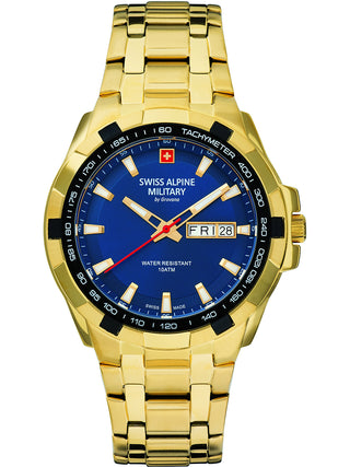 Angle shot of Swiss Alpine Military 7043.1115 Blue Dial Gold Stainless Steel Unisex Watch on white background