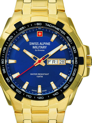 Front view of Swiss Alpine Military 7043.1115 Blue Dial Gold Stainless Steel Unisex Watch on white background