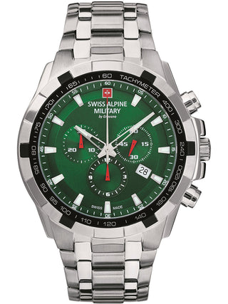 Angle shot of Swiss Alpine Military Chronograph 7043.9134 Green Dial Silver Stainless Steel Unisex Watch on white background