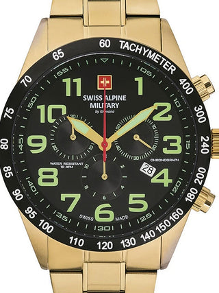 Front view of Swiss Alpine Military Chronograph 7047.9117 Black Dial Gold Stainless Steel Unisex Watch on white background