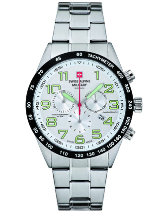 Angle shot of Swiss Alpine Military Chronograph 7047.9132 Silver Stainless Steel Unisex Watch on white background