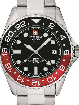 Front view of Swiss Alpine Military 7052.1136 Black Dial Silver Stainless Steel Unisex Watch on white background