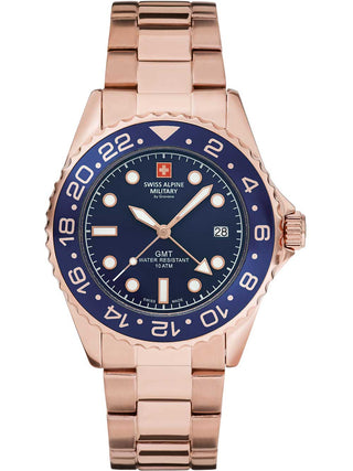 Angle shot of Swiss Alpine Military 7052.1165 Blue Dial Rose Gold Stainless Steel Unisex Watch on white background