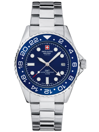 Angle shot of Swiss Alpine Military 7052.1135 Blue Dial Silver Stainless Steel Unisex Watch on white background