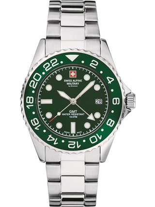 Angle shot of Swiss Alpine Military 7052.1134 Green Dial Silver Stainless Steel Unisex Watch on white background