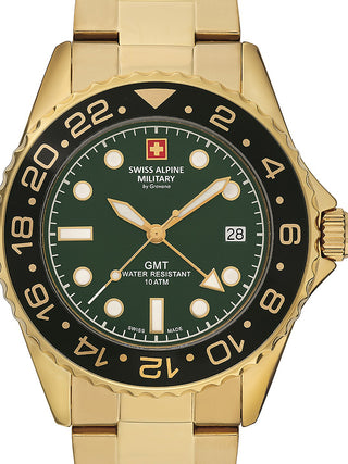 Front view of Swiss Alpine Military 7052.1114 Green Dial Gold Stainless Steel Unisex Watch on white background