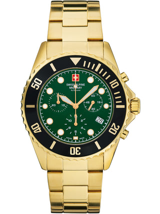 Angle shot of Swiss Alpine Military Chronograph 7053.9114 Green Dial Gold Stainless Steel Unisex Watch on white background