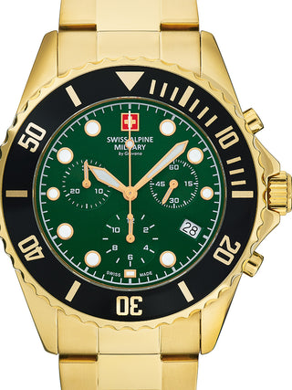 Front view of Swiss Alpine Military Chronograph 7053.9114 Green Dial Gold Stainless Steel Unisex Watch on white background