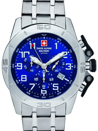 Front view of Swiss Alpine Military Chronograph 7063.9135 Blue Dial Silver Stainless Steel Unisex Watch on white background