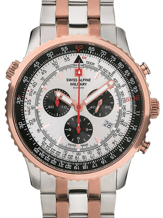 Front view of Swiss Alpine Military Chronograph 7078.9152 Silver Dial Rose Gold Stainless Steel Unisex Watch on white background