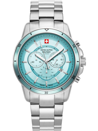 Angle shot of Swiss Alpine Military Chronograph 7089.9131 Blue Dial Silver Stainless Steel Unisex Watch on white background