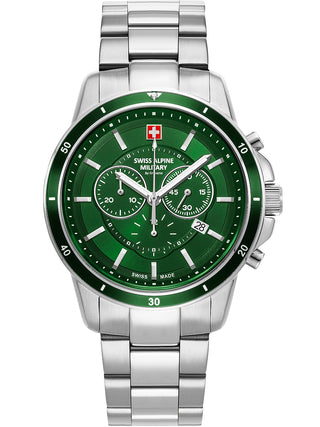 Angle shot of Swiss Alpine Military Chronograph 7089.9134 Green Dial Silver Stainless Steel Unisex Watch on white background