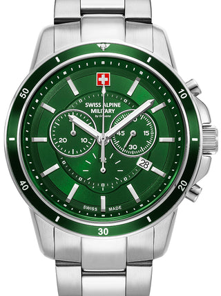 Front view of Swiss Alpine Military Chronograph 7089.9134 Green Dial Silver Stainless Steel Unisex Watch on white background