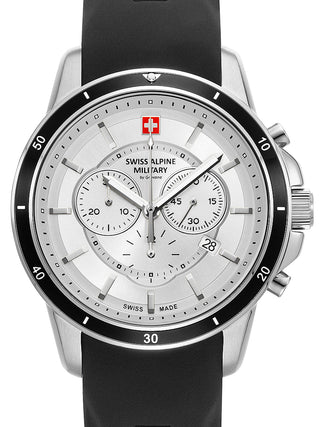 Front view of Swiss Alpine Military Chronograph 7089.9832 Silver Dial Black Silicone Unisex Watch on white background