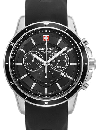 Front view of Swiss Alpine Military Chronograph 7089.9837 Black Silicone Unisex Watch on white background