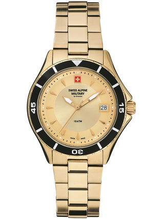 Angle shot of Swiss Alpine Military 7740.1111 Gold Stainless Steel Womens Watch on white background