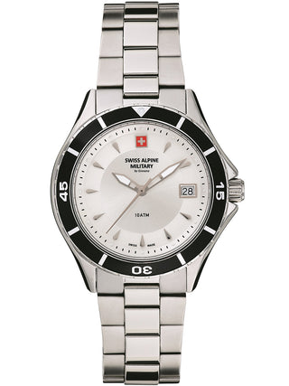 Angle shot of Swiss Alpine Military 7740.1132 Silver Stainless Steel Womens Watch on white background