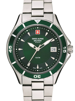 Front view of Swiss Alpine Military 7740.1134 Green Dial Silver Stainless Steel Womens Watch on white background