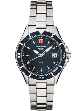 Angle shot of Swiss Alpine Military 7740.1135 Blue Dial Silver Stainless Steel Womens Watch on white background