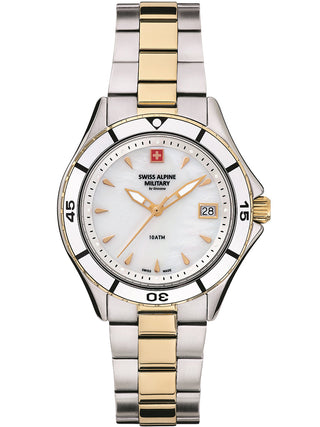 Angle shot of Swiss Alpine Military 7740.1143 Mother Of Pearl Dial Gold Stainless Steel Womens Watch on white background