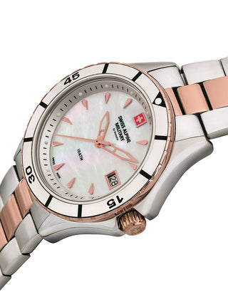 Angle shot of Swiss Alpine Military 7740.1153 Mother Of Pearl Dial Rose Gold Stainless Steel Womens Watch on white background