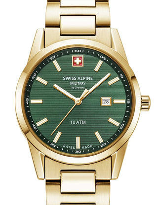 Front view of Swiss Alpine Military 7767.1114 Green Dial Gold Stainless Steel Womens Watch on white background