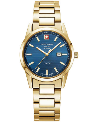 Angle shot of Swiss Alpine Military 7767.1115 Blue Dial Gold Stainless Steel Womens Watch on white background