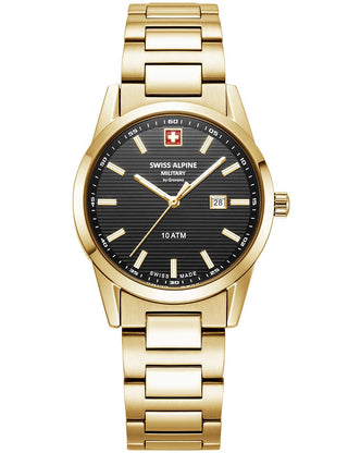 Angle shot of Swiss Alpine Military 7767.1117 Black Dial Gold Stainless Steel Womens Watch on white background