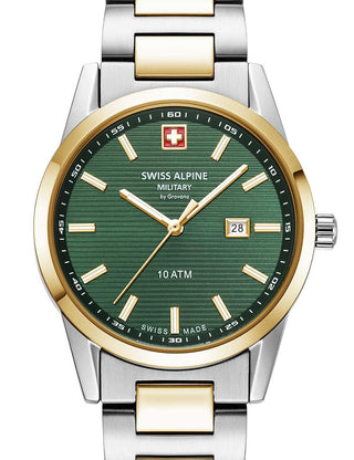 Front view of Swiss Alpine Military 7767.1144 Green Dial Gold Stainless Steel Womens Watch on white background