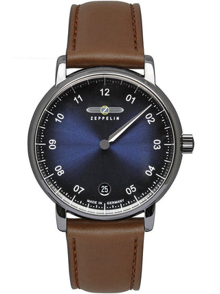 Front view of Zeppelin 86433 Blue Dial Brown Leather Womens Watch on white background