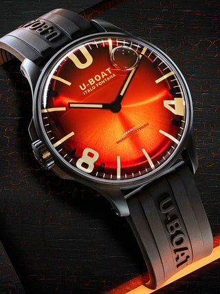 Angle shot of U-Boat 8697/B Red Dial Black Strap Unisex Watch on white background