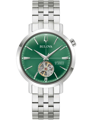 Front view of Bulova 96A319 Green Dial Silver Stainless Steel Unisex Watch on white background