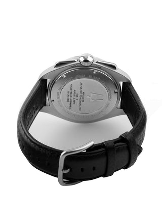 Angle shot of Bulova Chronograph 96B251 Black Leather Unisex Watch on white background