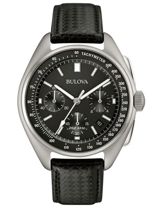 Front view of Bulova Chronograph 96B251 Black Leather Unisex Watch on white background