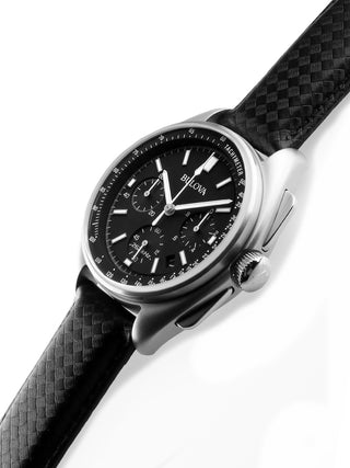 Angle shot of Bulova Chronograph 96B251 Black Leather Unisex Watch on white background