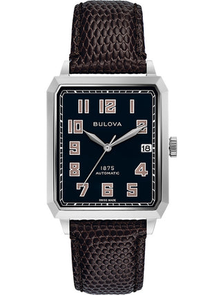 Front view of Bulova 96B332 Black Dial Brown Leather Unisex Watch on white background