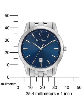 Angle shot of Bulova 96B338 Blue Dial Silver Stainless Steel Unisex Watch on white background