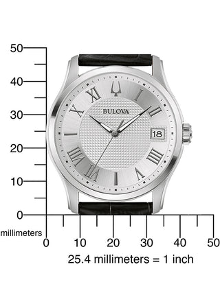 Angle shot of Bulova 96B388 Silver Dial Black Leather Unisex Watch on white background