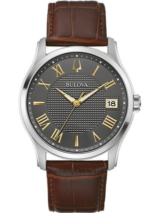 Front view of Bulova 96B389 Grey Dial Brown Leather Unisex Watch on white background