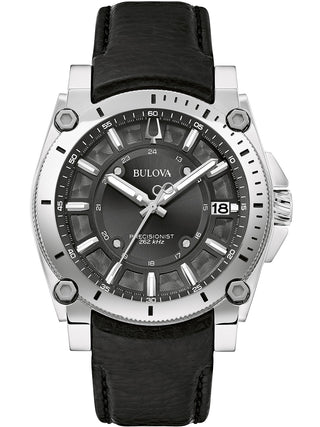 Front view of Bulova 96B416 Black Leather Unisex Watch on white background