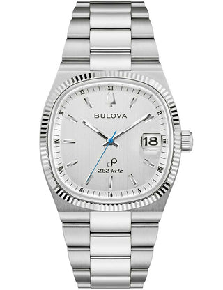 Angle shot of Bulova 96B444 Silver Stainless Steel Unisex Watch on white background