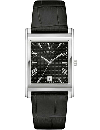 Front view of Bulova 96B445 Black Leather Unisex Watch on white background