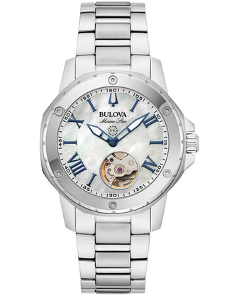 Front view of Bulova 96L326 Mother Of Pearl Dial Silver Stainless Steel Womens Watch on white background