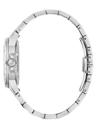 Angle shot of Bulova 96L326 Mother Of Pearl Dial Silver Stainless Steel Womens Watch on white background