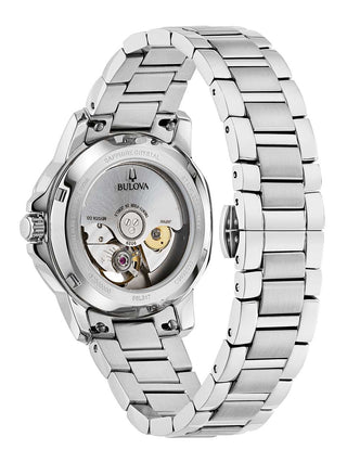 Angle shot of Bulova 96L326 Mother Of Pearl Dial Silver Stainless Steel Womens Watch on white background